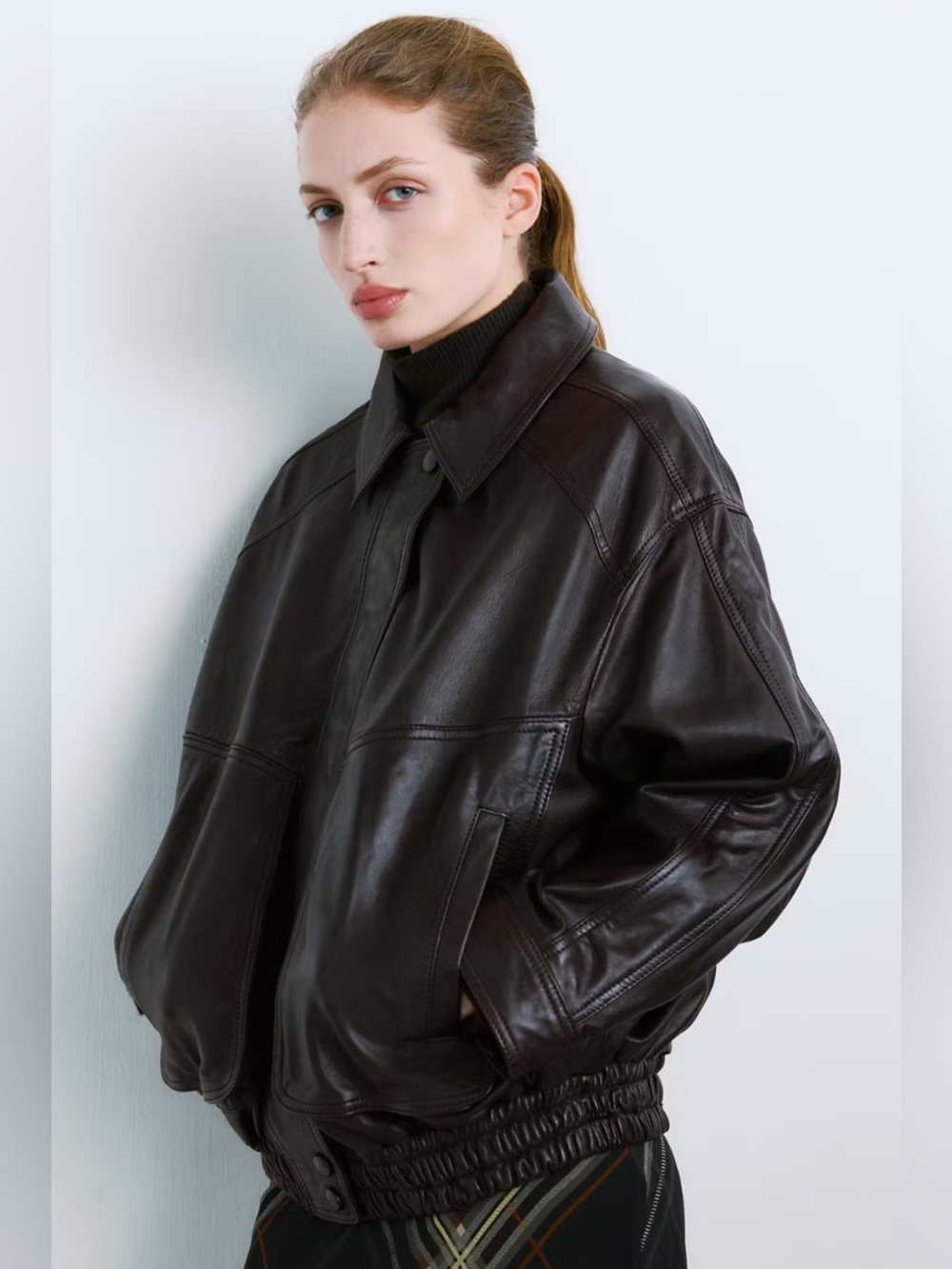 Mango Dark Brown Leather Oversized Bomber Jacket